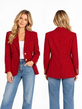 Vintage J.G. Hook Red Wool Herringbone Blazer Gold Anchor Buttons Size L